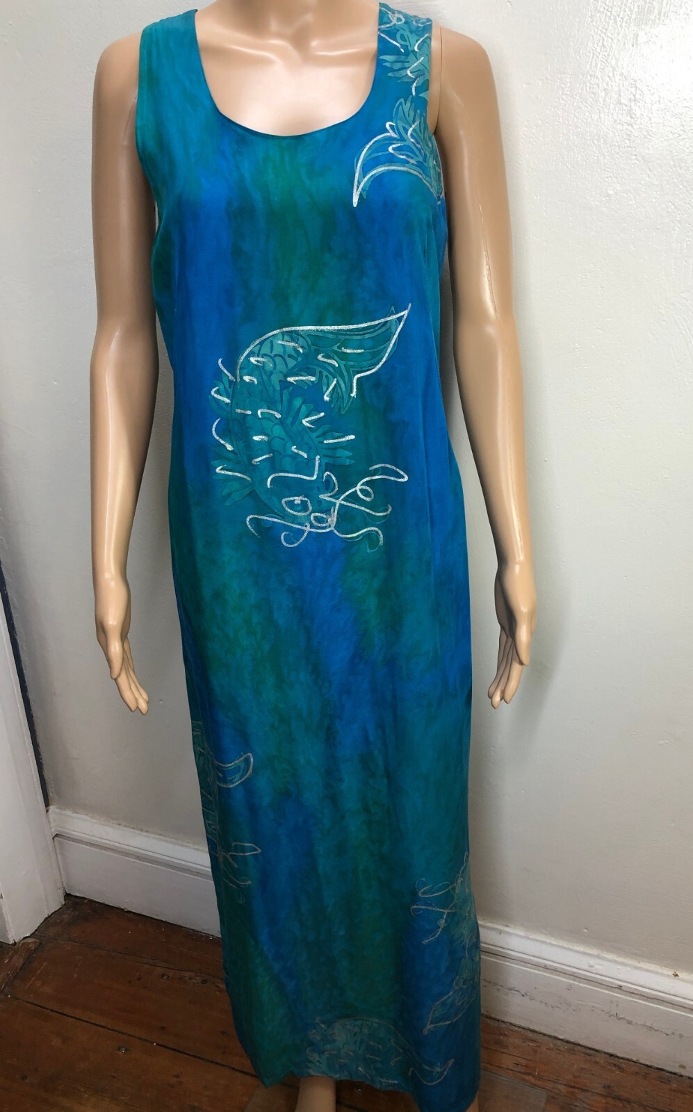 vtg Tropical Tantrum Tie Dye Maxi Dress Sz M Blue Green Silver Asian Coy Fish