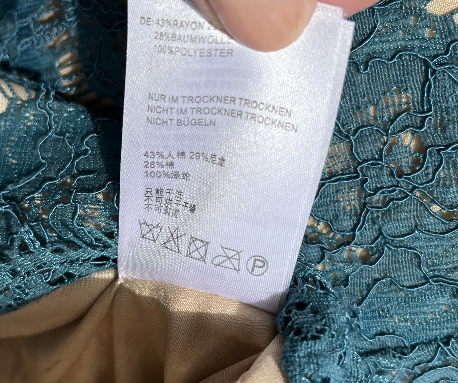 LACEY DRESS WITH CAP SLEEVES & NUDE LINING & V BACK – SIZE L (12) Teal/Turqoise
