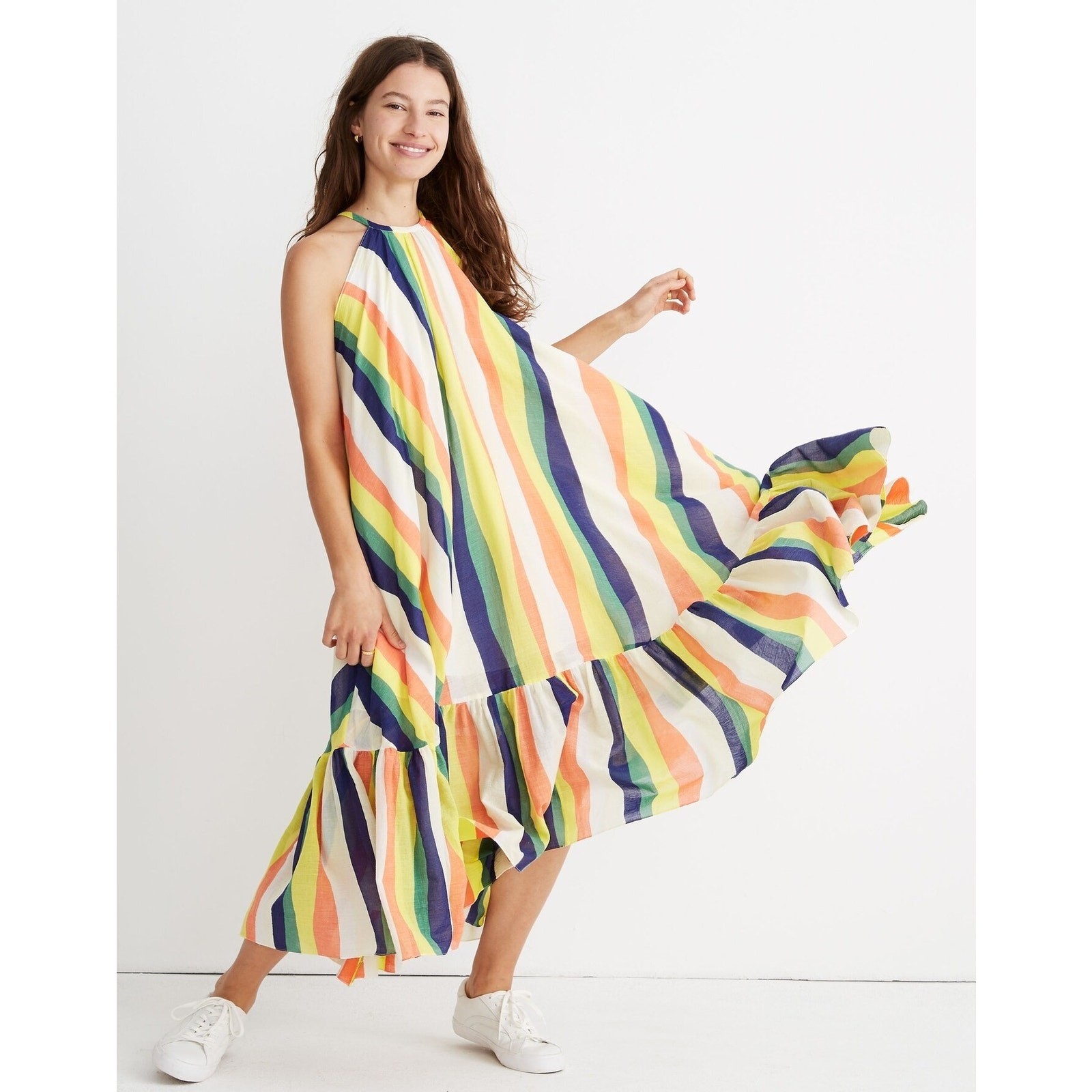 WHIT x Madewell Rainbow Stripe Crinkle Cotton Halter Maxi Dress – Size S