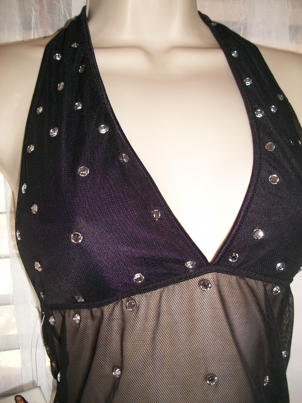 ROMA HOLLYWOOD S/M SHEER STRETCH BLACK NET RHINESTONE PARTY HALTER DRESS