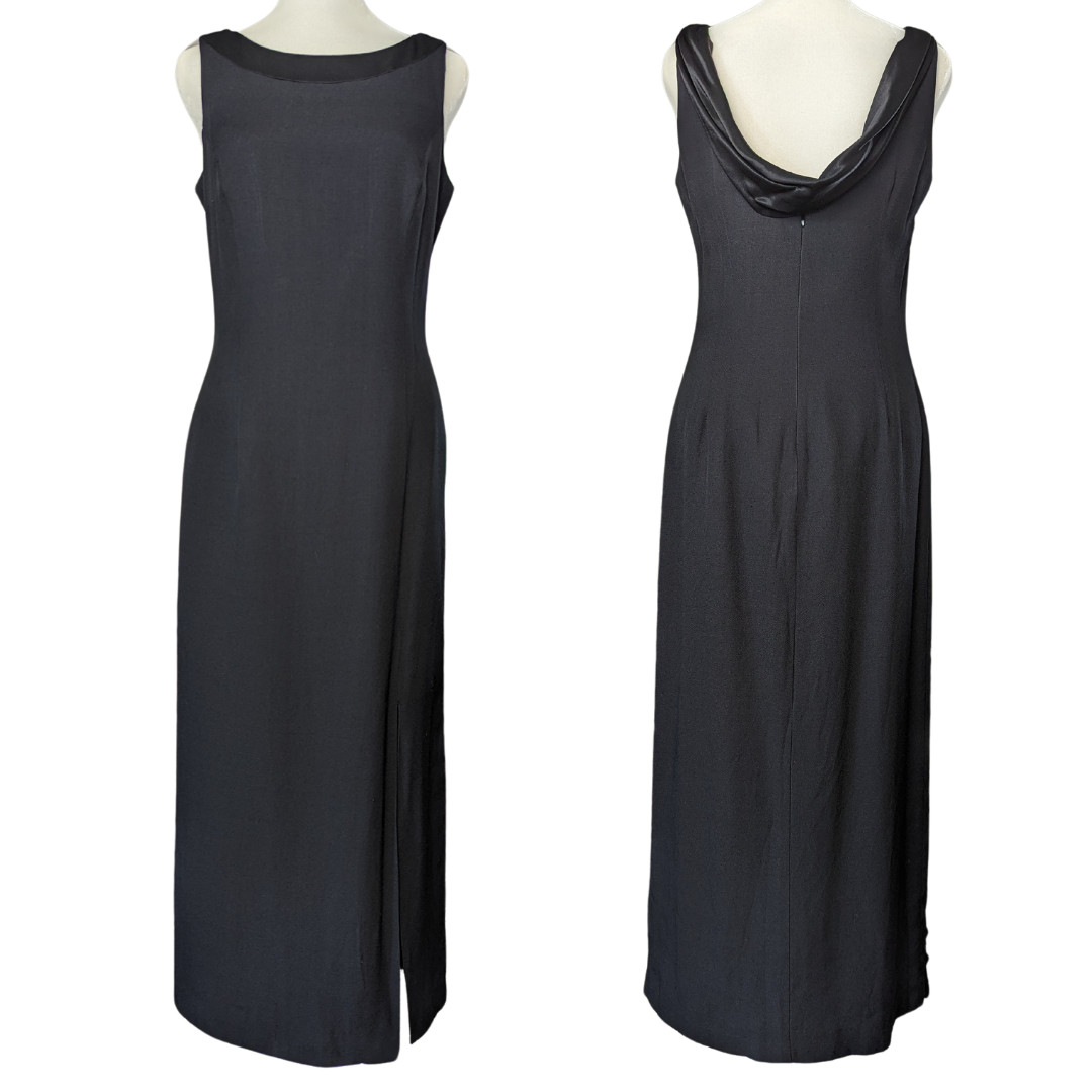 VTG Evening Gown Womens 6/6P Black Crepe Boatneck Satin Drape U Back Lined Long
