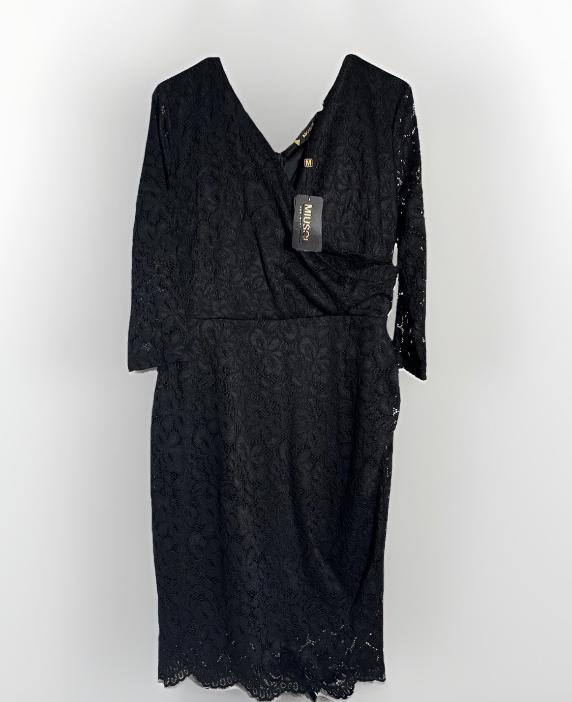 Miusol Women’s Black Lace Sheath Midi Dress XL V-Neck Back Zip Evening NWT