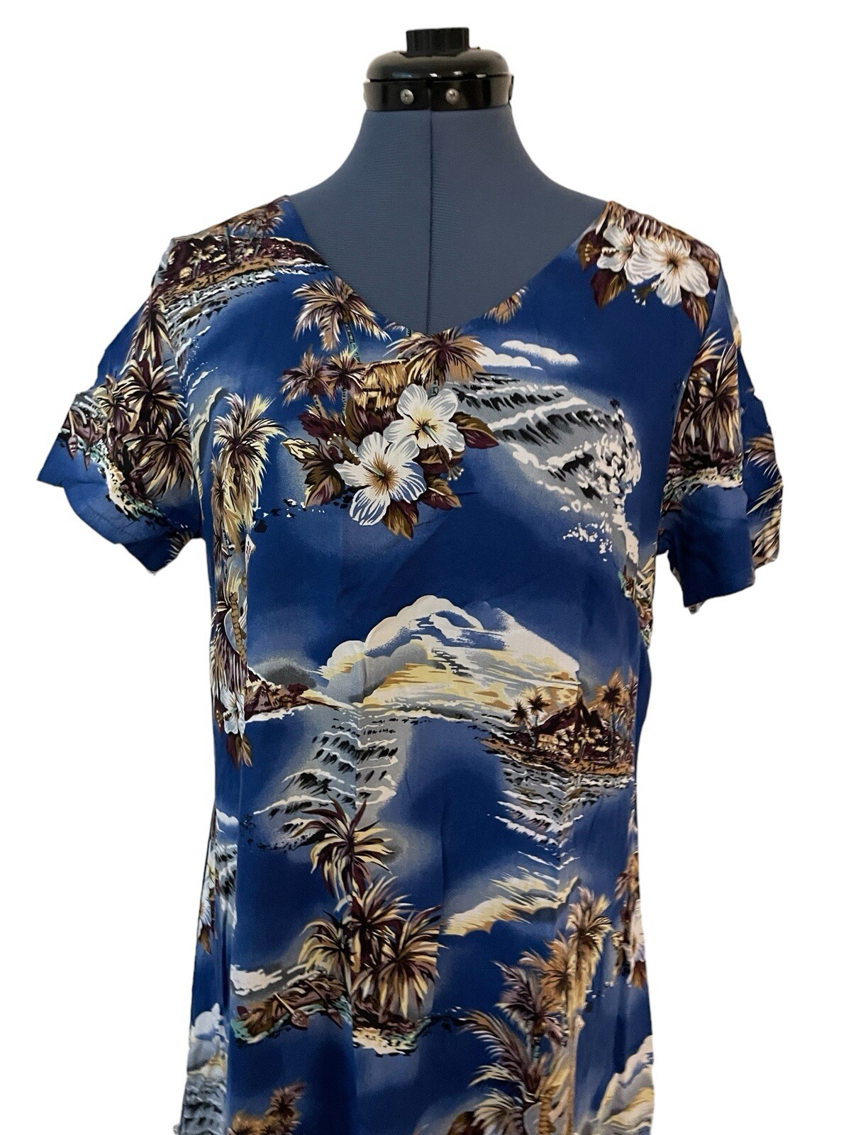 VTG Hilo Hattie Womens Blue Brown Palms Hawaiian Short Sleeve Maxi Dress Beach M