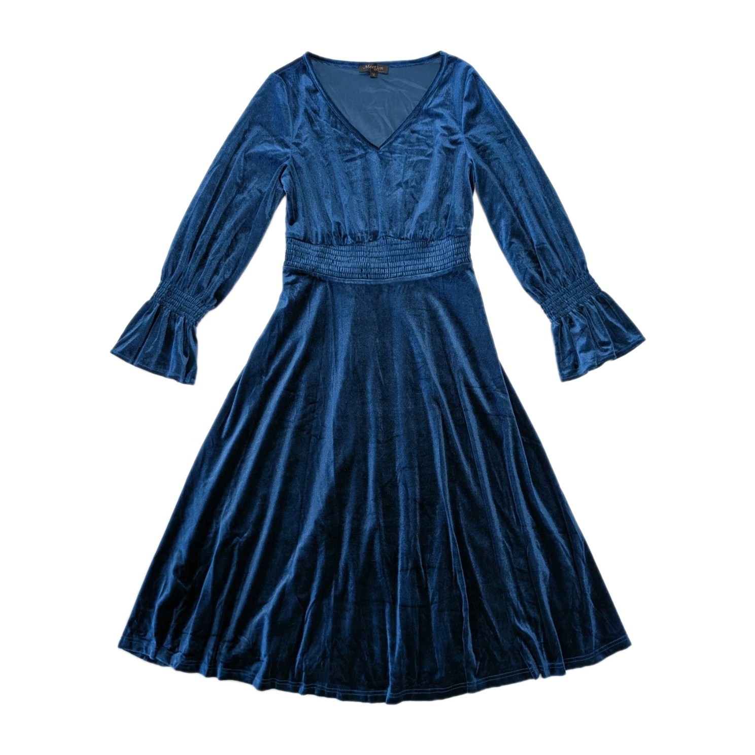 Womens Peacock Blue Velvet Elastic Smocked Waist V-neck Midi Party Dress Size M