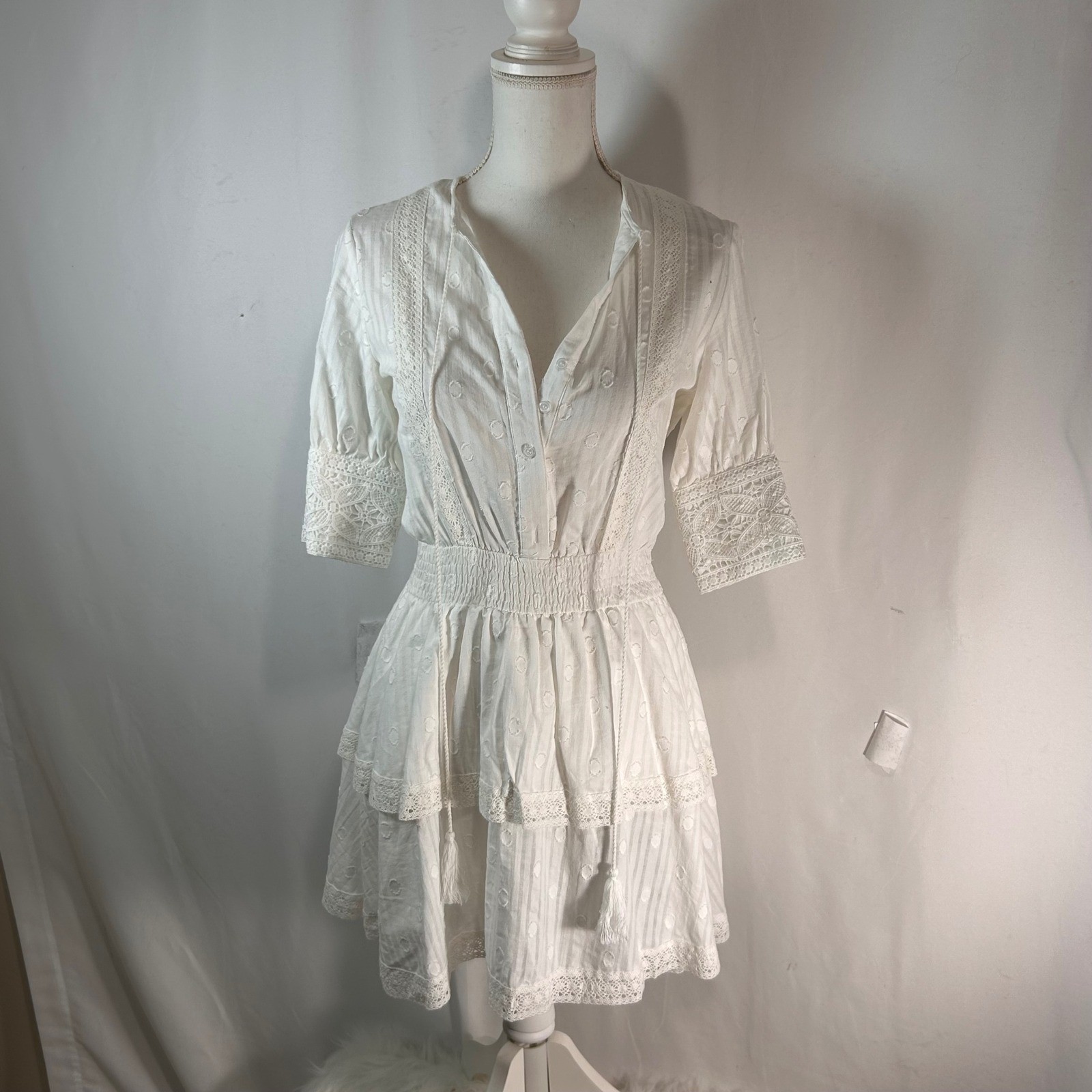 ROCHELLE BEHRENS White Cotton Eyelet Lace Tiered Ruffle Button Up Shirt Dress XS