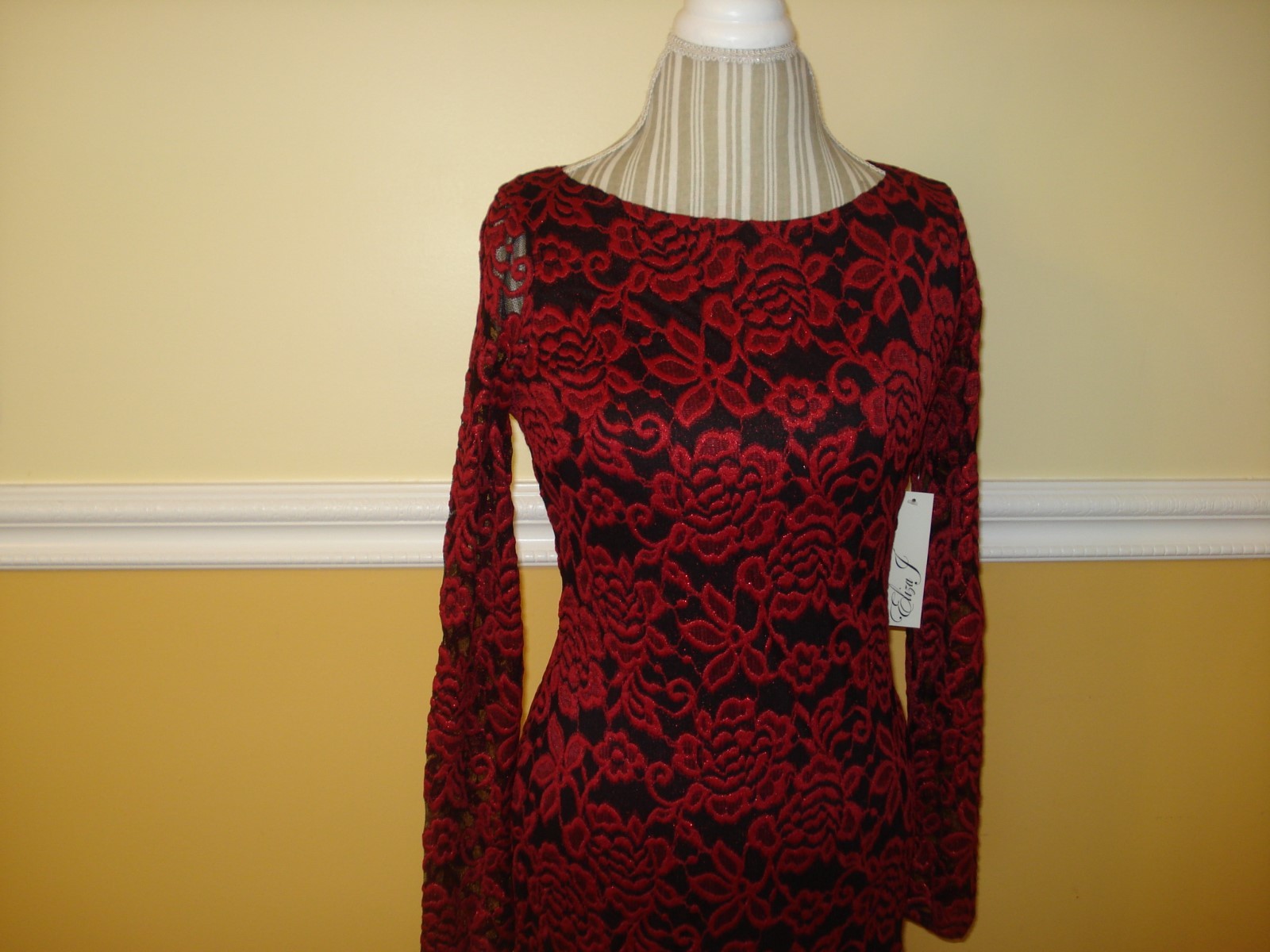 Eliza J Lace Long Sleeves Red/Black Cocktail Sheath Dress Sz 4,6,8,10,12,14,16