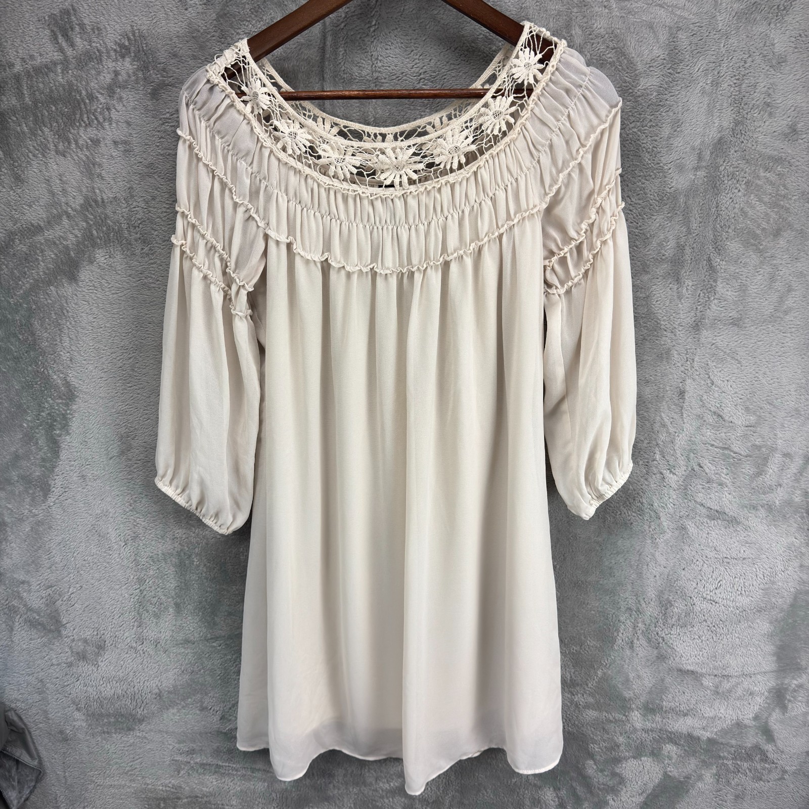 Heart Soul Womens Boho Romantic Floral Trim Dress M Smocked Bell Sleeve Western
