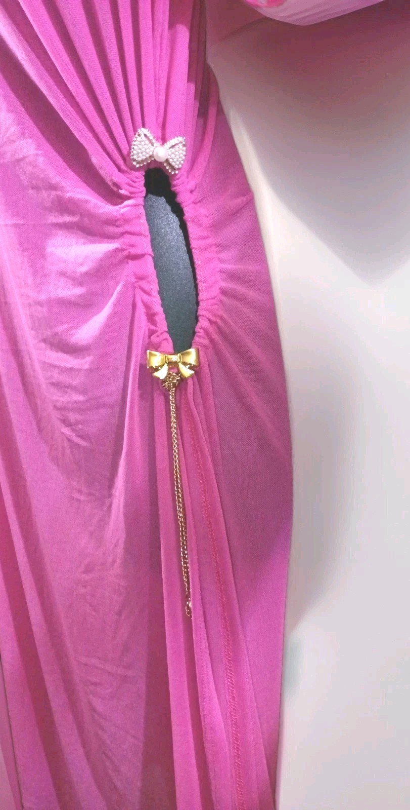 Vibe Sportswear Pink Ruched Transparent Dress Gold BowsAccent Short Sleeve2XKnee
