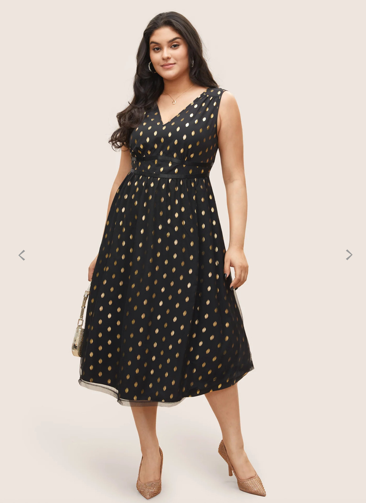BloomChic Black Gold Polka Dot V-Neck Midi Dress Plus Size 22-24 w/ Pockets!
