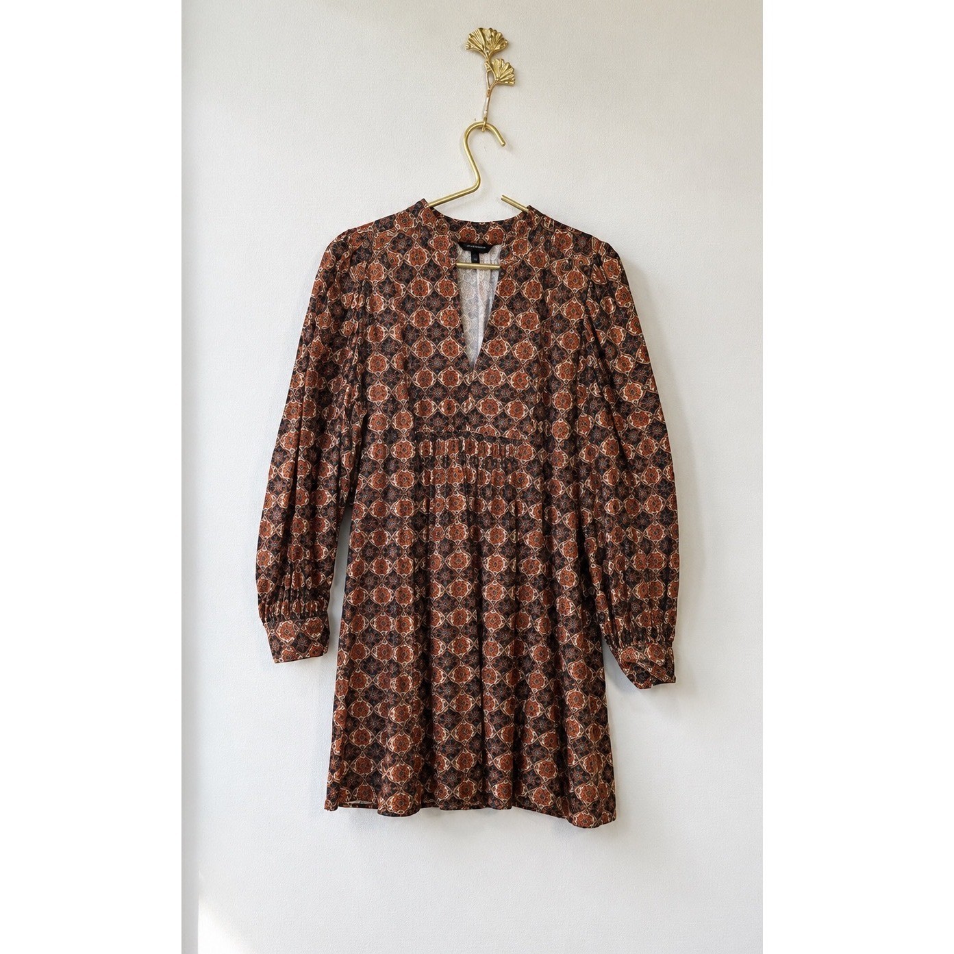 Banana Republic Medallion Mini Dress Womens L Brown Cotton Boho Peasant