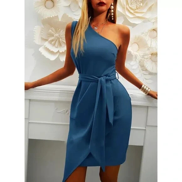 Blue Inclined Vestidos Shoulder Asymmetrical Solid Party Midi Dress Size L