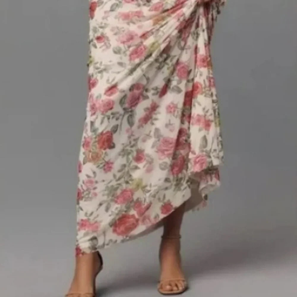 Anthropologie AFRM Off-The-Shoulder Maxi Dress Pink Roses Body-Con NWT