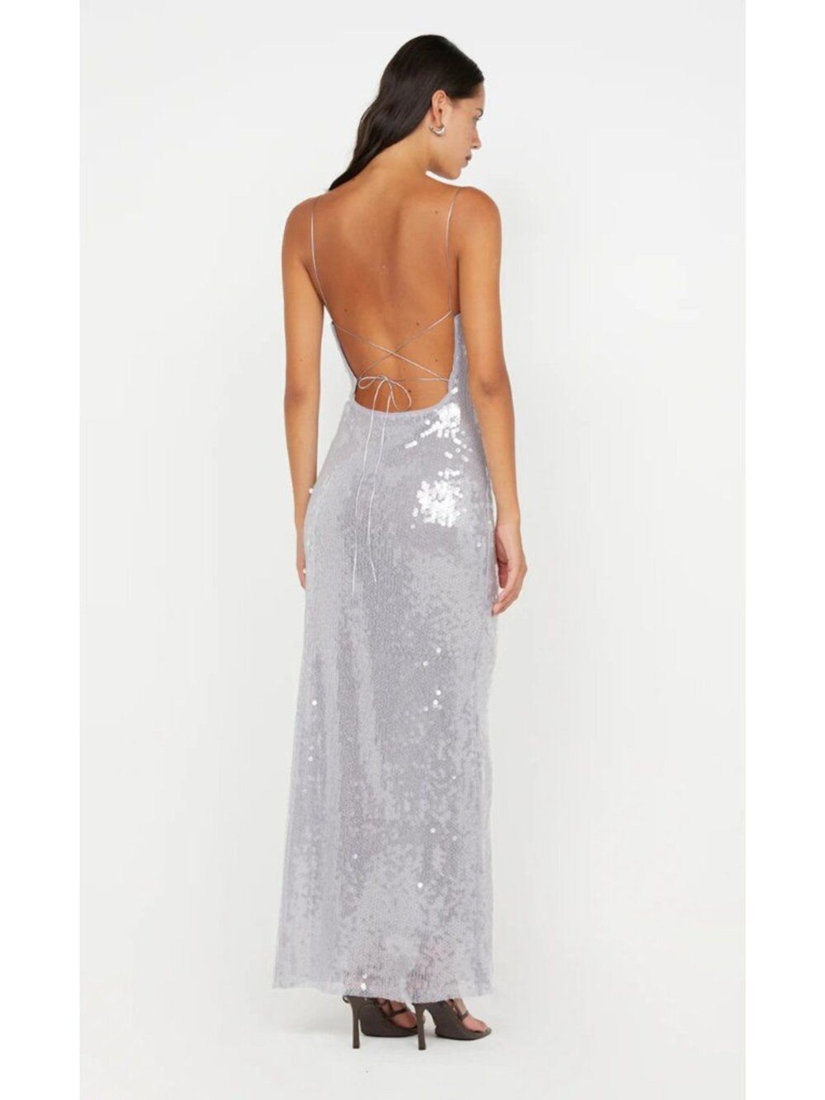 Bec + Bridge Aishya Grey Sequin Cowl Neck Lace Up Back Maxi Dress Size 2