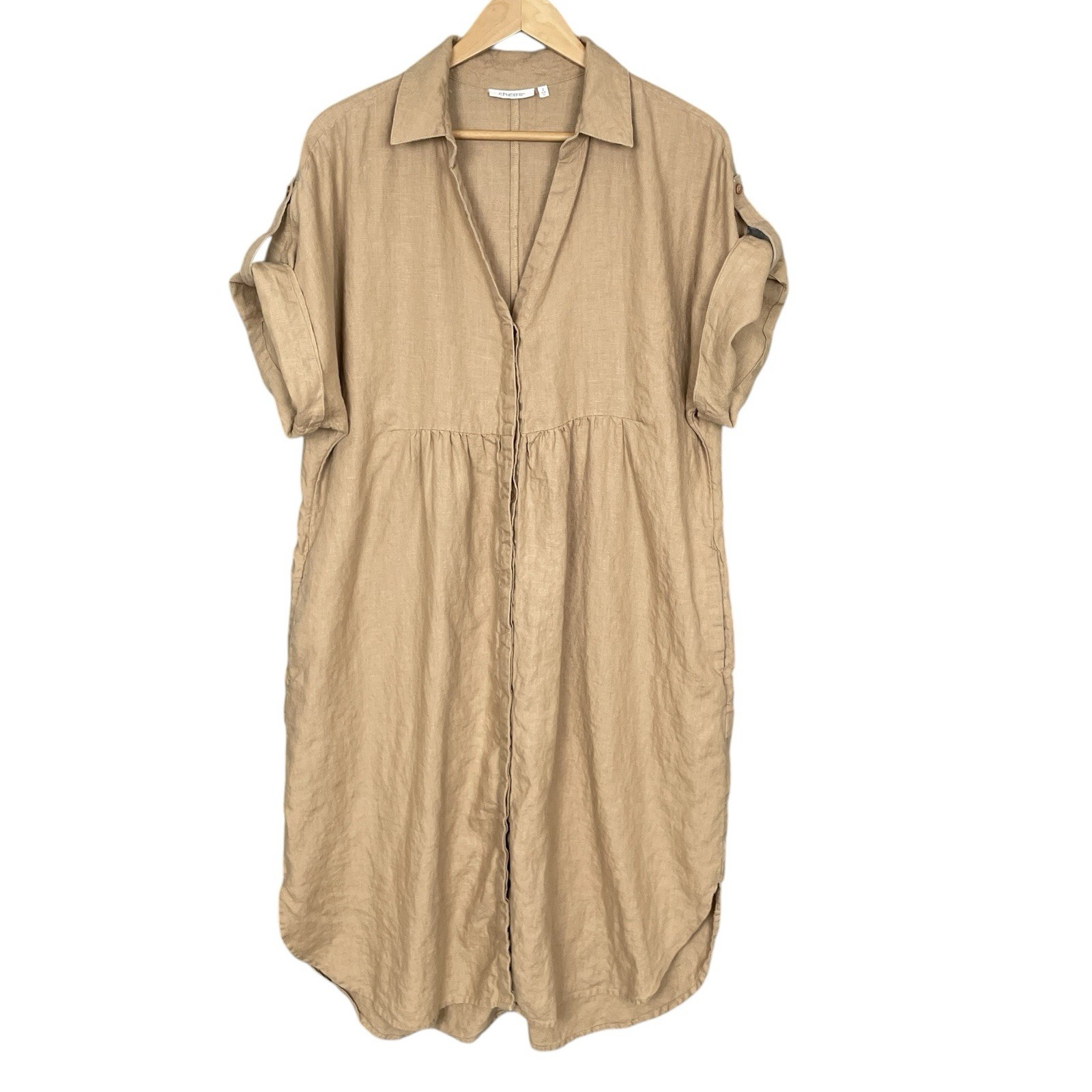 Chicos Minimalist Linen Roll Tab Sleeve Dress Womens 2 12 Euro Summer Coastal