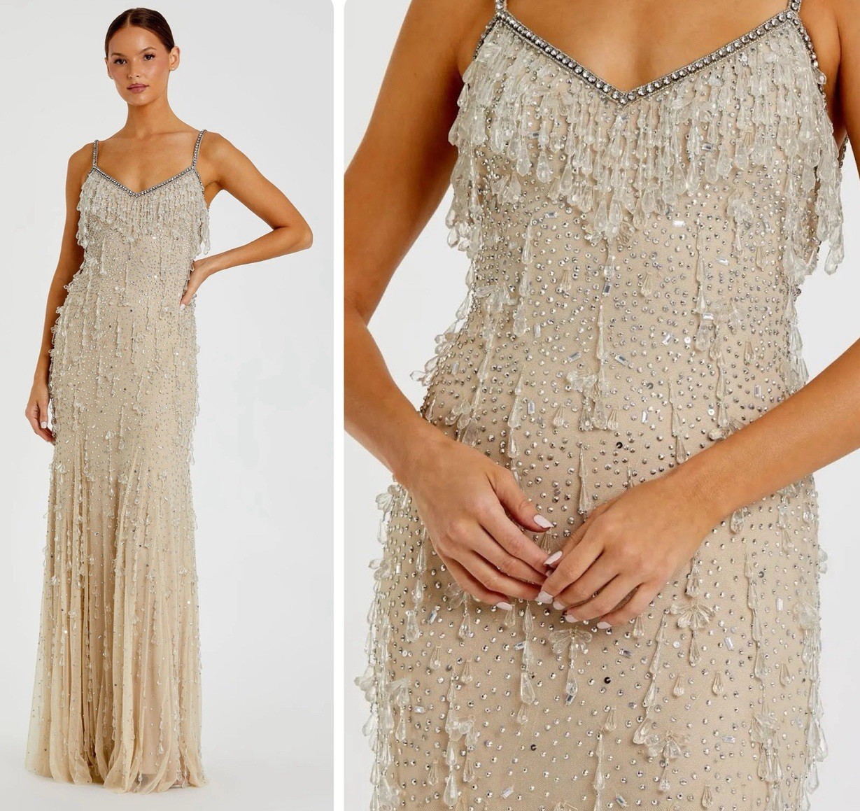 Mac Duggal 10101 Embellished Column Gown Size 6 Fringe V-Neck Beige NWT $698