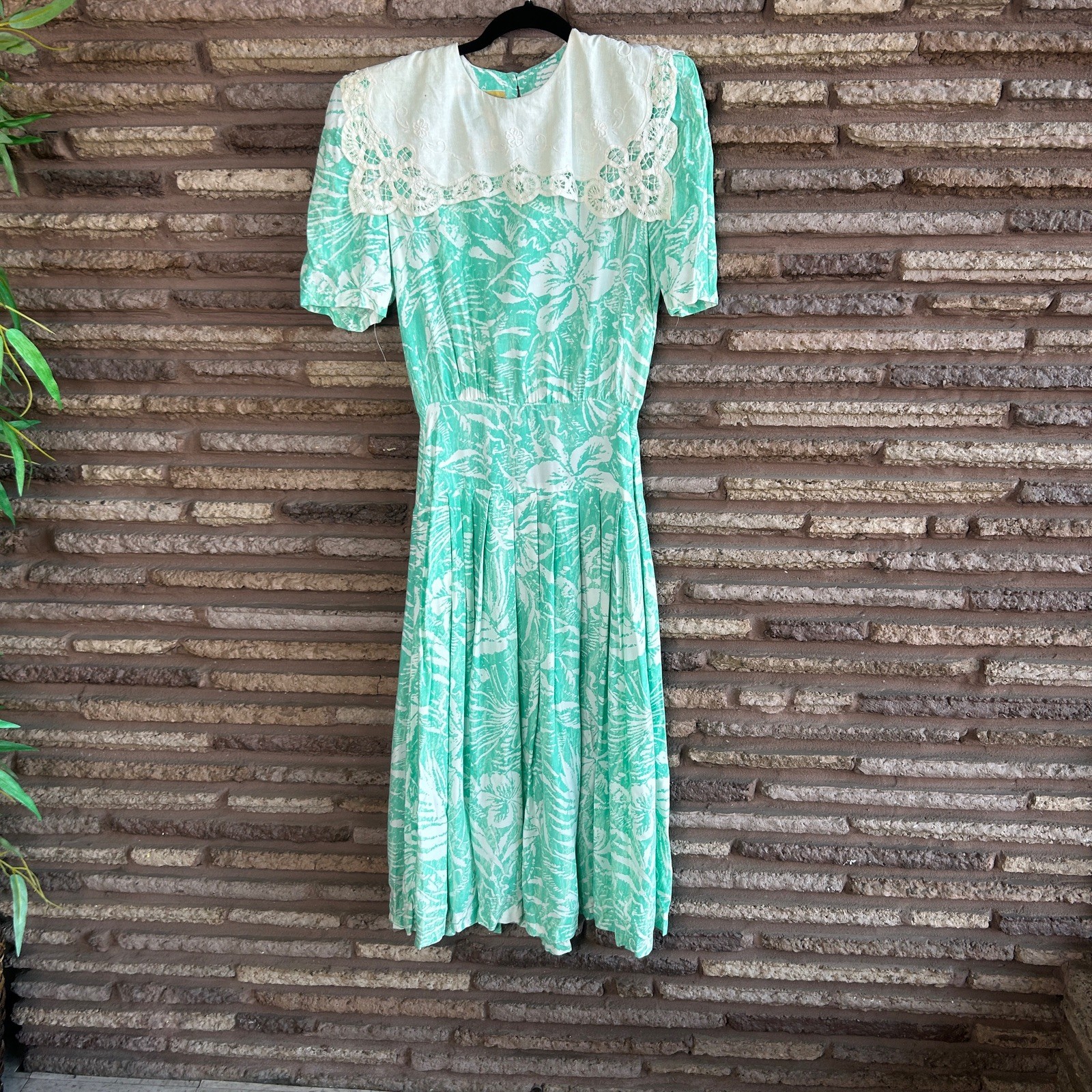 Jane Singer Dress Vintage 90s Mint Green Floral White Lace Collar Midi Size 6