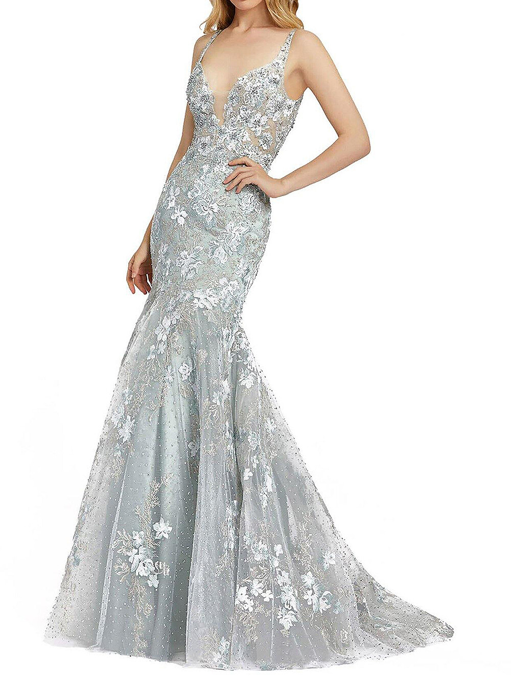 Mac Duggal 20206 Floral Embroidered Gown SZ 4 Sea Mist Mrsp $698