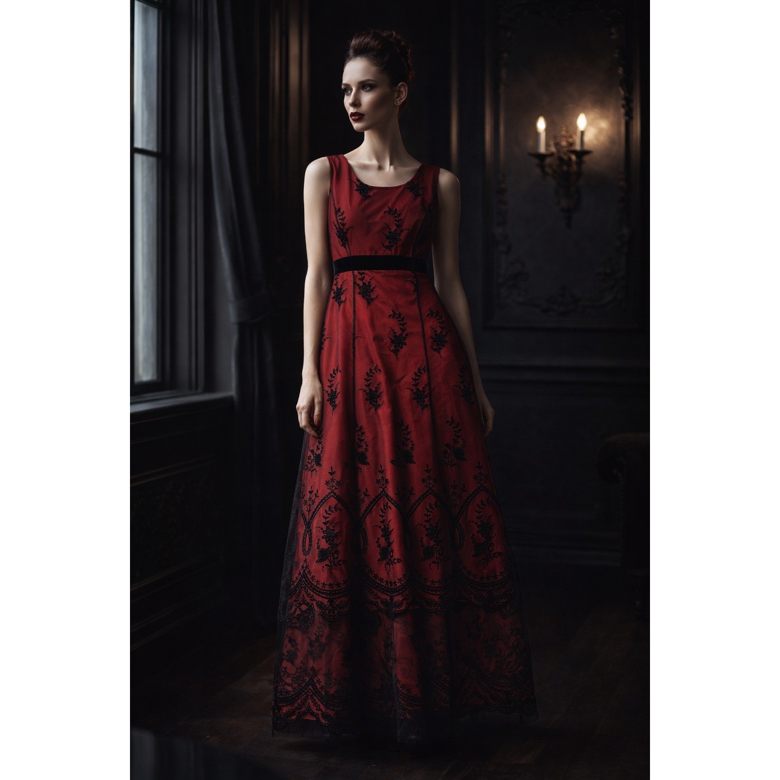 Coldwater Creek Whimsigoth Maxi Dress 6 Velvet Mesh Red Black Sparkle Vamp