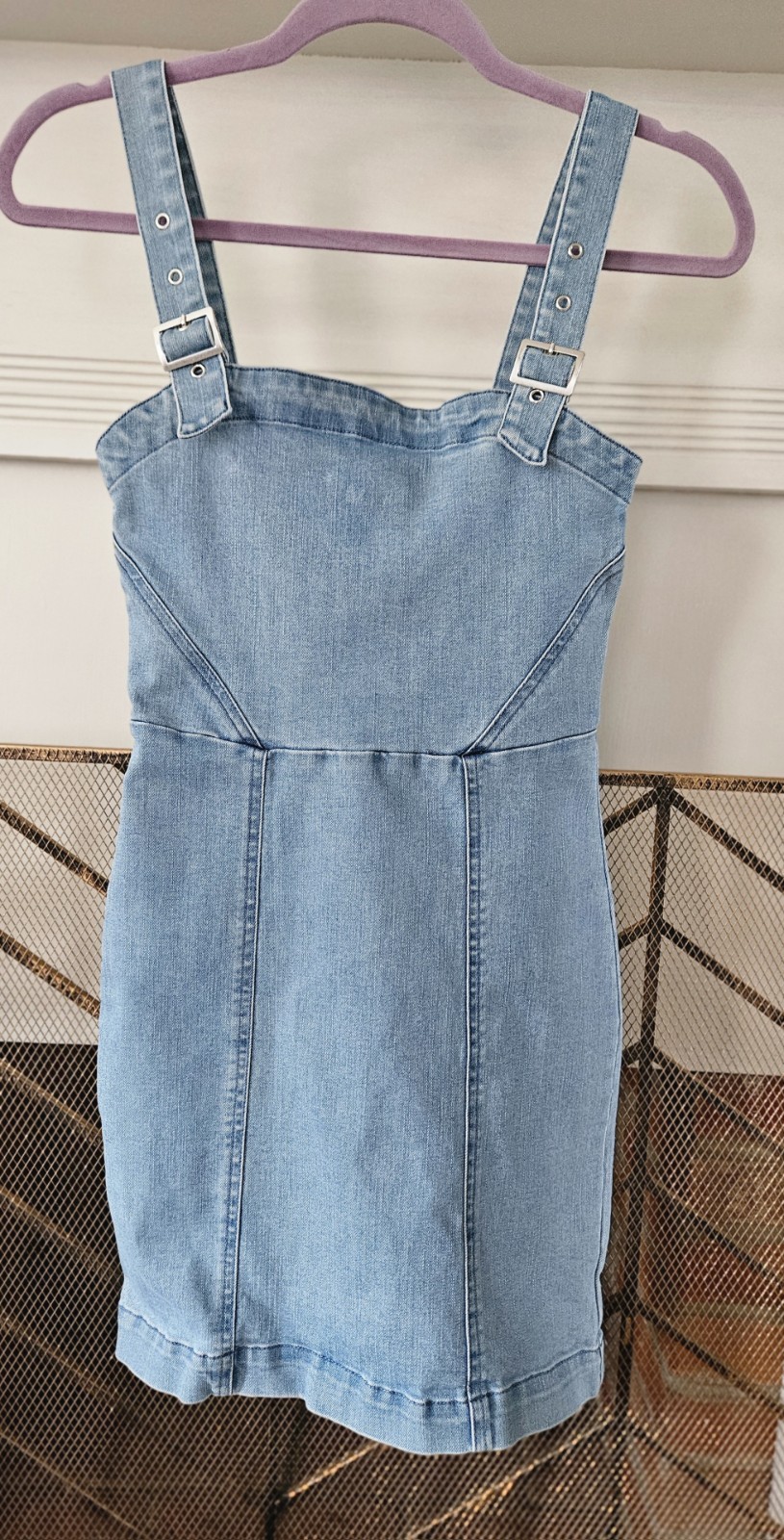Forever21 Denim Mini Dress, Adjustable Silver Buckle Straps, Back Zipper. Sz. S