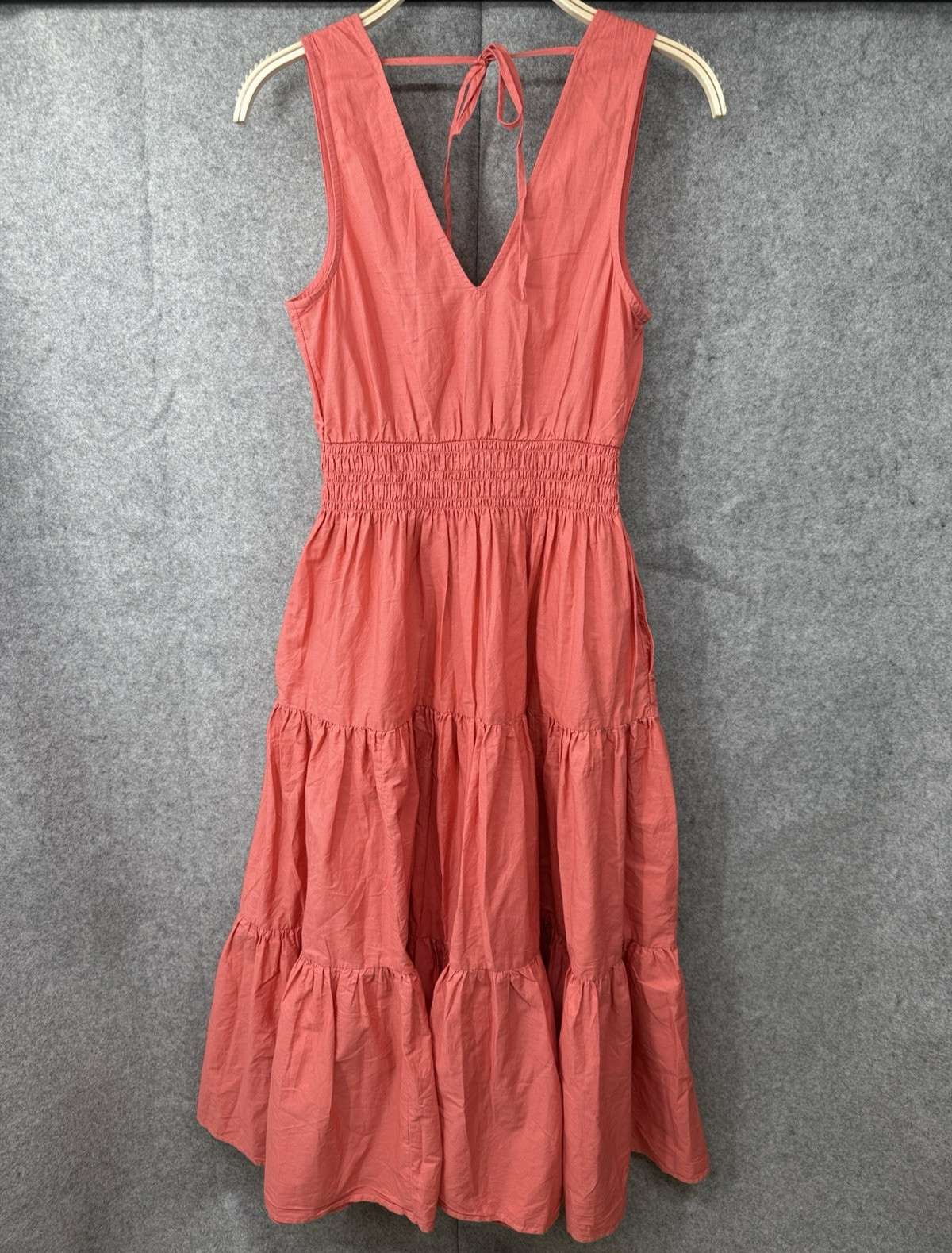 Anthropologie Maeve Tiered Midi Sleeveless Dress Coral Pink Orange Smocked 4