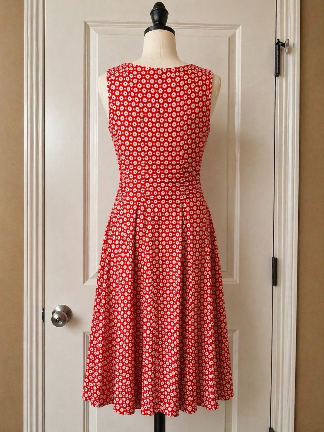 Perceptions Red Polka Dot Midi Dress Sleeveless Fit & Flare Pleated Waist size M