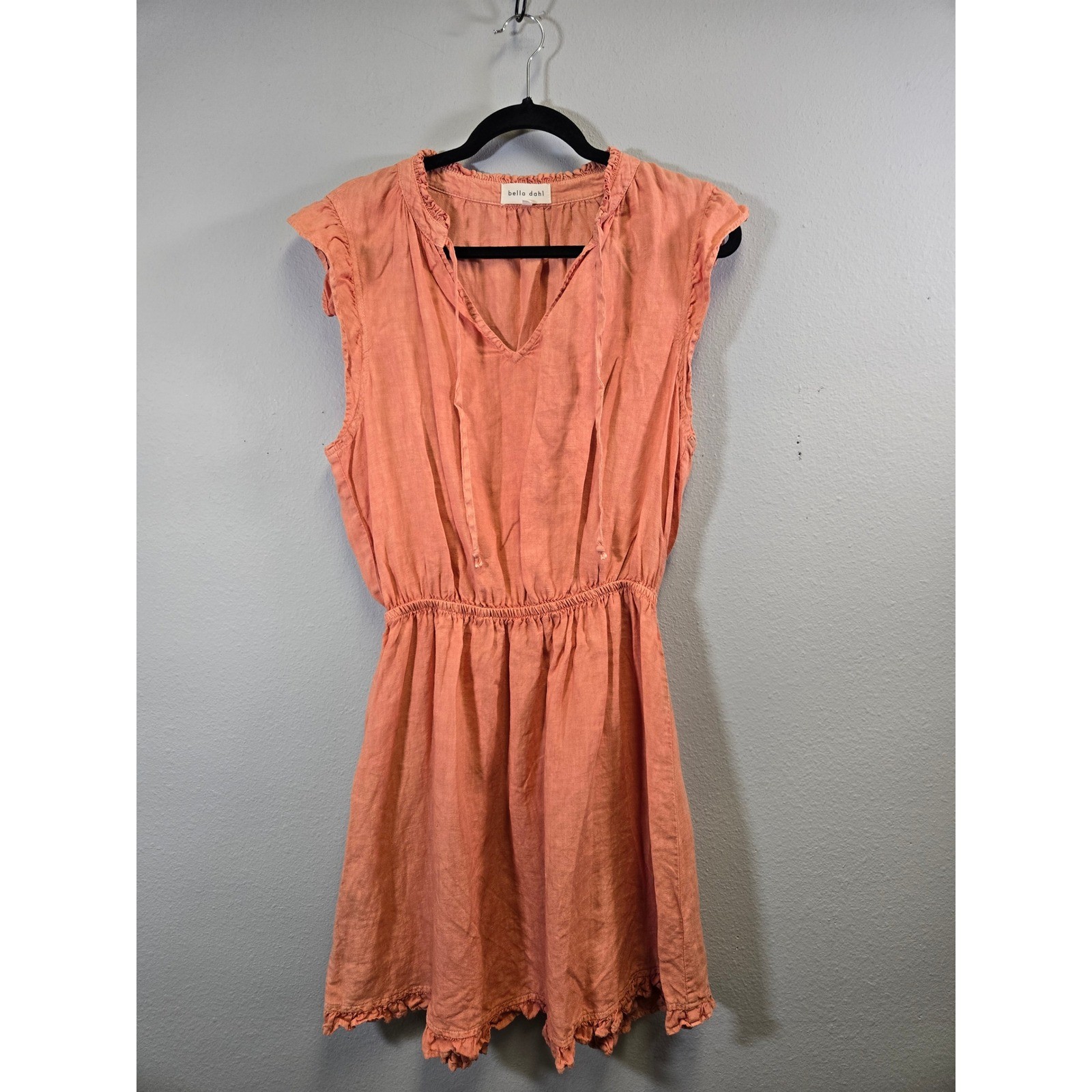 Bella Dahl Linen Boho Ruffle Tie Neck Elastic Waist Mini Dress Orange Large