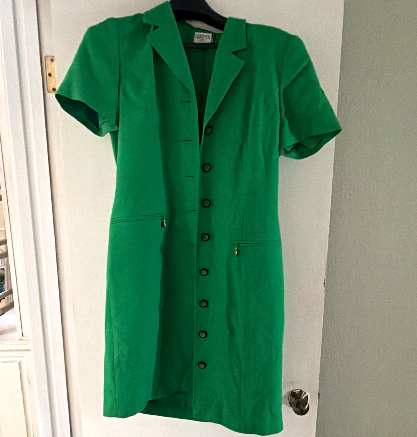 Kasper Green Sheath Dress Size 14 Collared Short Sleeve Button-Front Pockets