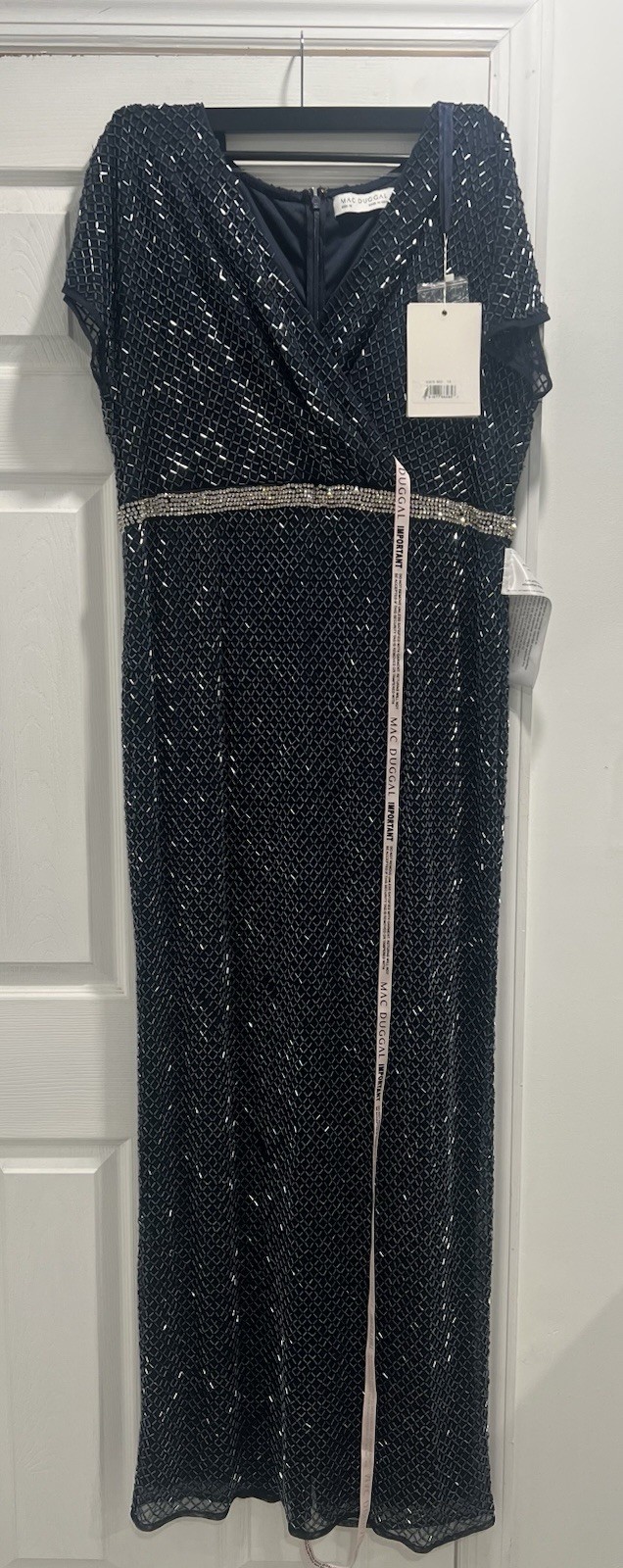 MAC DUGGAL 93678 Sz 16 Navy Beaded Short Sleeve Column Long Gown