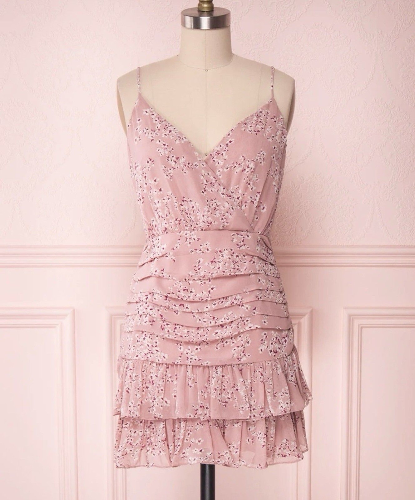 Pookie & Sebastian Pink Floral Tiered Ruffle Dress Crossover Front Mini Size S