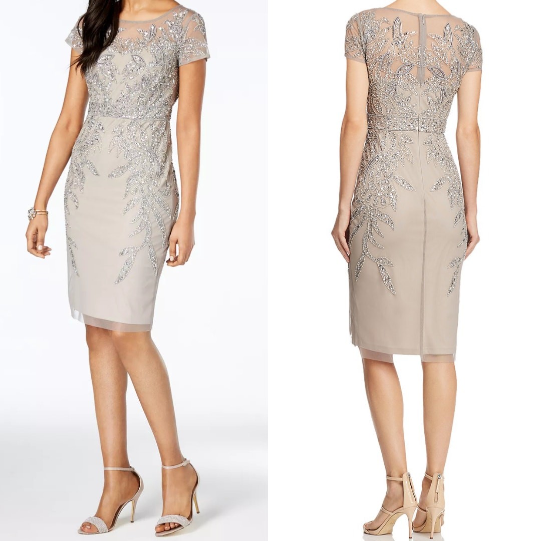 ADRIANNA PAPELL DRESS 14 SILVER SEQUIN BEADED WEDDING GUEST COCKTAIL PARTY SHORT