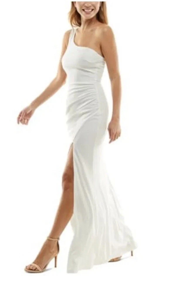 Crystal Doll Juniors’ One-Shoulder Long Gown, Ivory, Size 3, MSRP $79, Cut Out