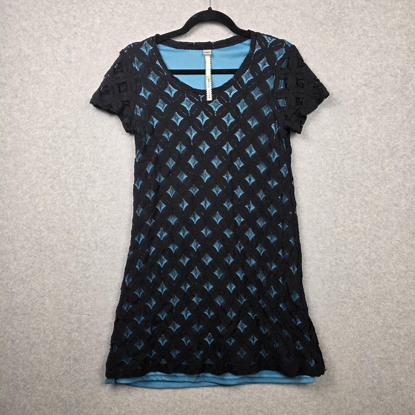 Geometric Crochet Lace Dress Womens XS Black Blue Shift Short Sleeve Lined