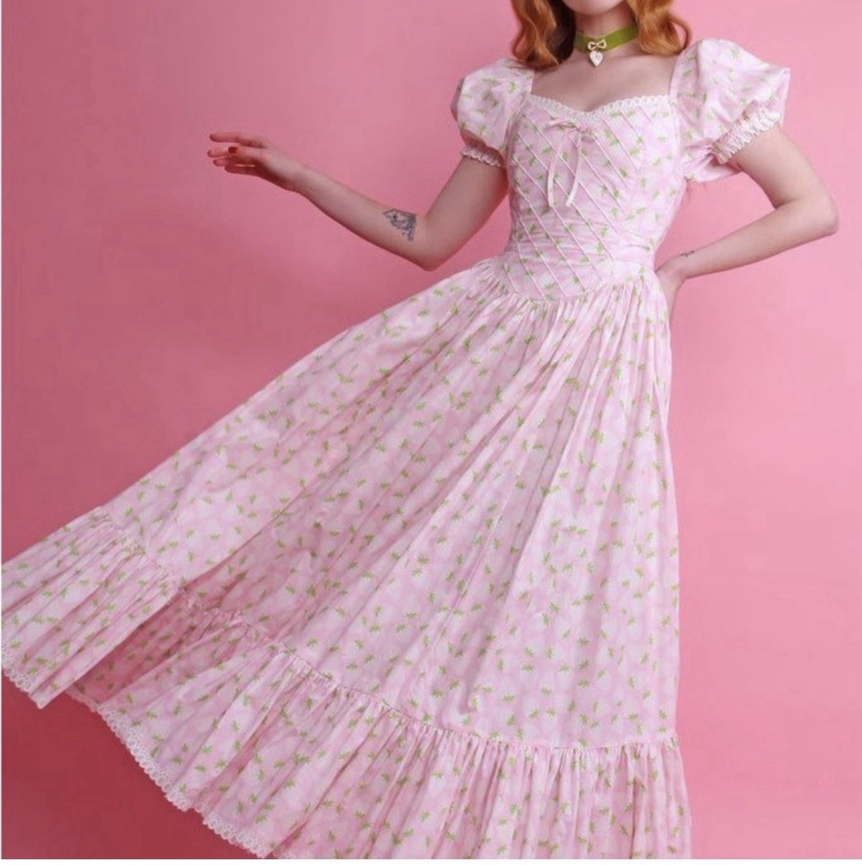 Poppy Angeloff Rare Rose Floral Print Ruffle Maxi Dress Pink Green M Cottagecore