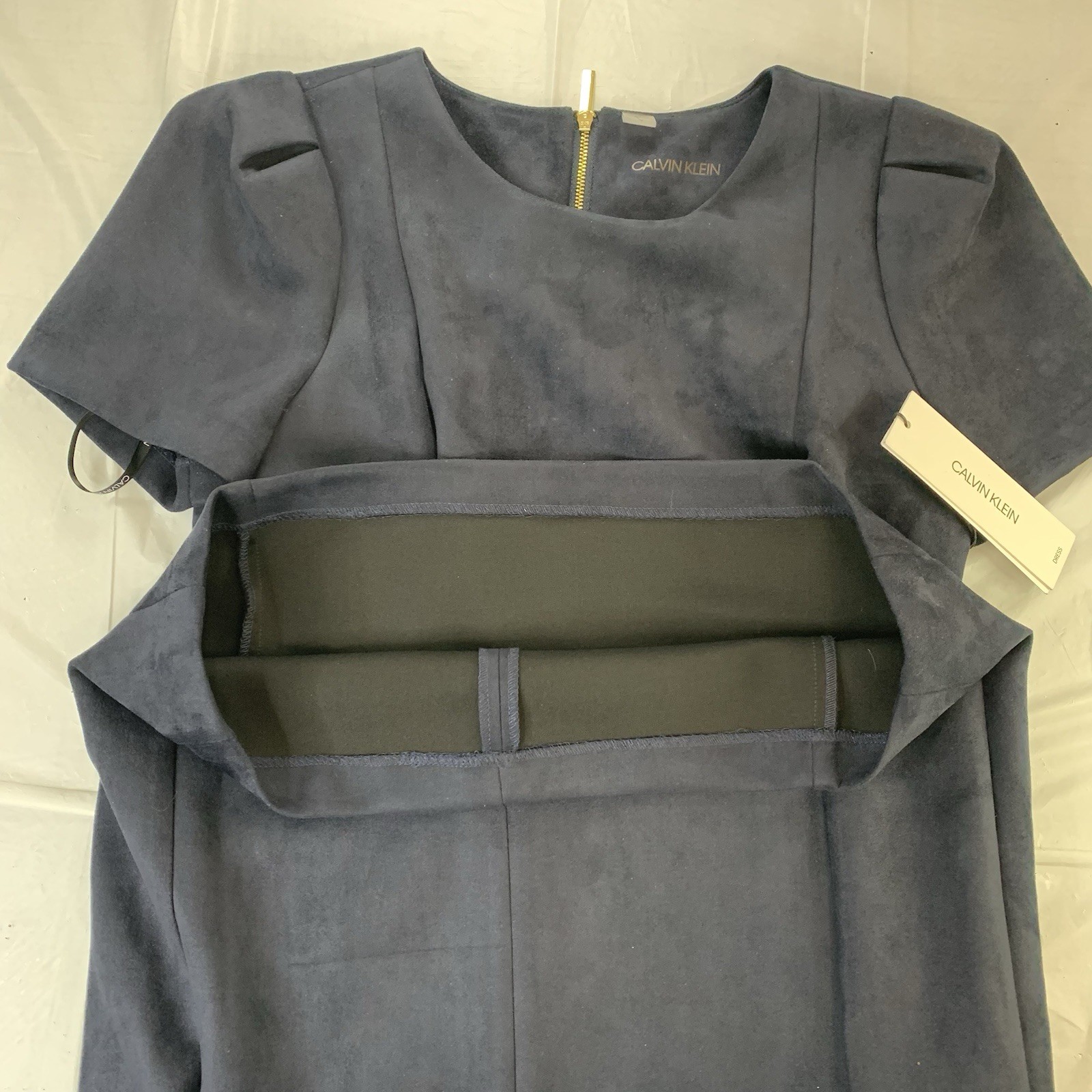 NWT Calvin Klein Tulip Sleeve Sheath Dress in Blue Ponte Sued Womens Size 10 NEW