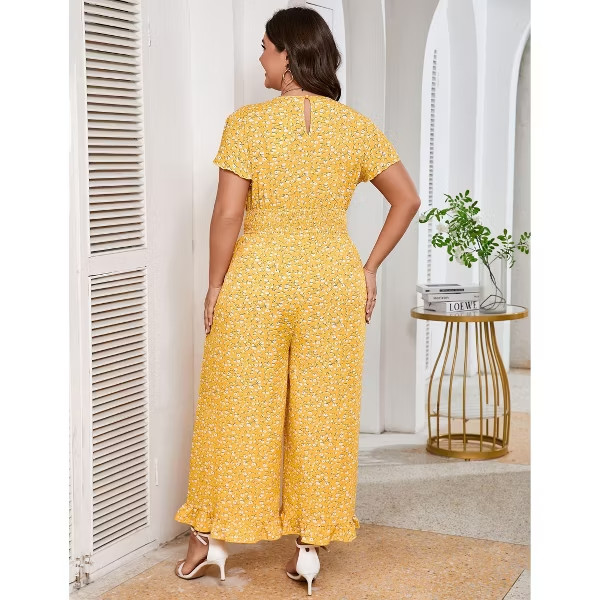 Womens Plus Size Jumpsuits Vintage Short Flutter Sleeve Ruffled Hem Floral Print