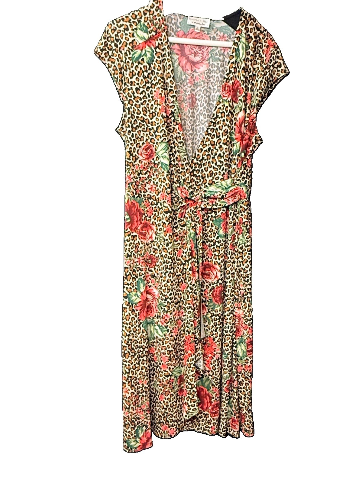 SIGNATURE ROBBIE BEE Faux Wrap Dress Boho Chic Floral Leopard V Neck Midi Large