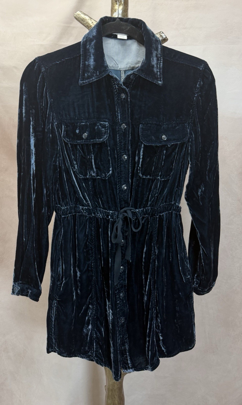 Coldwater Creek Blue Silk Blend Velvet Button Up Drawstring Dress Size XS (4)