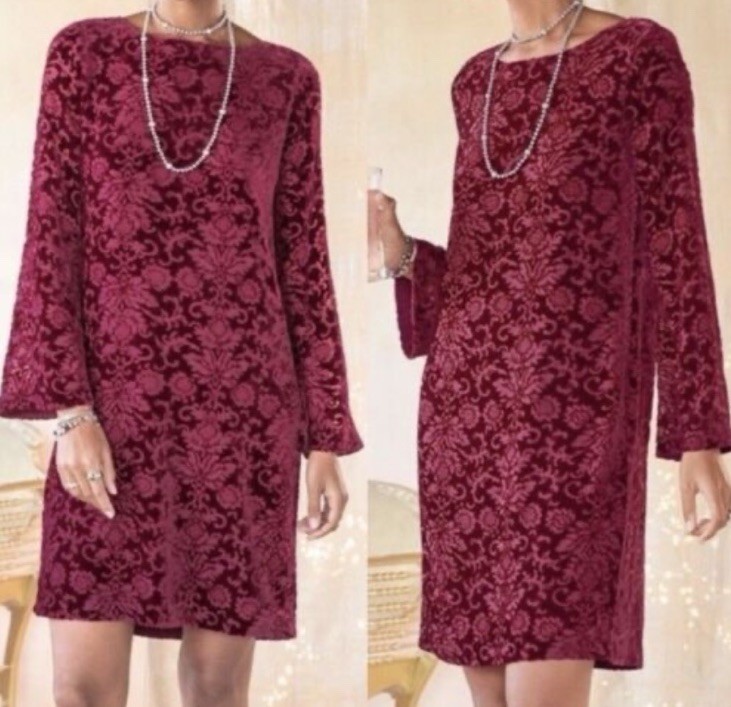 SUNDANCE Burgundy Velvet Burnout Paisley Bell Sleeve Dress Silk Blend Size Large