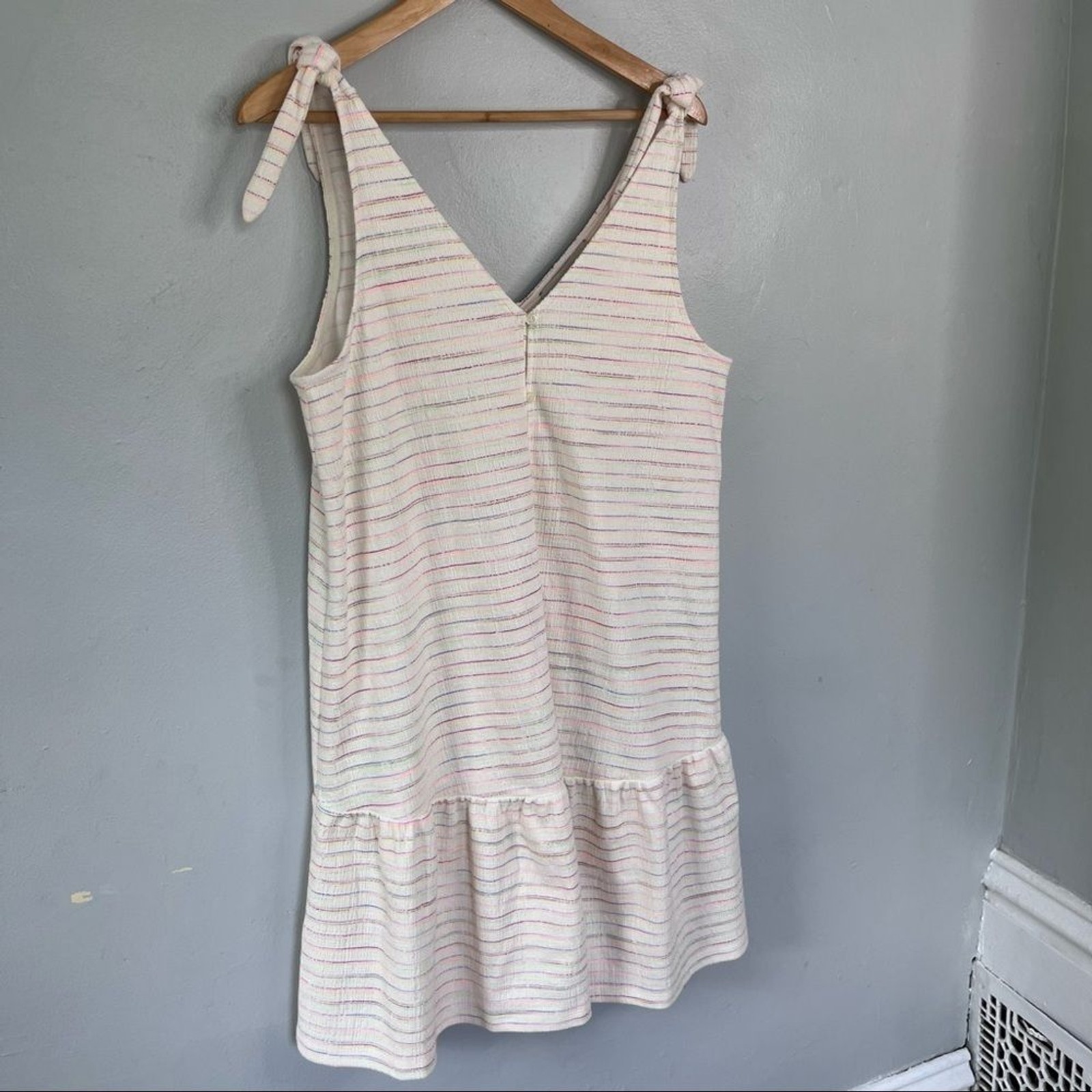 LOFT Bow Strap Button Front Linen Stripes Flounce Dress Ivory Multi-Color Medium