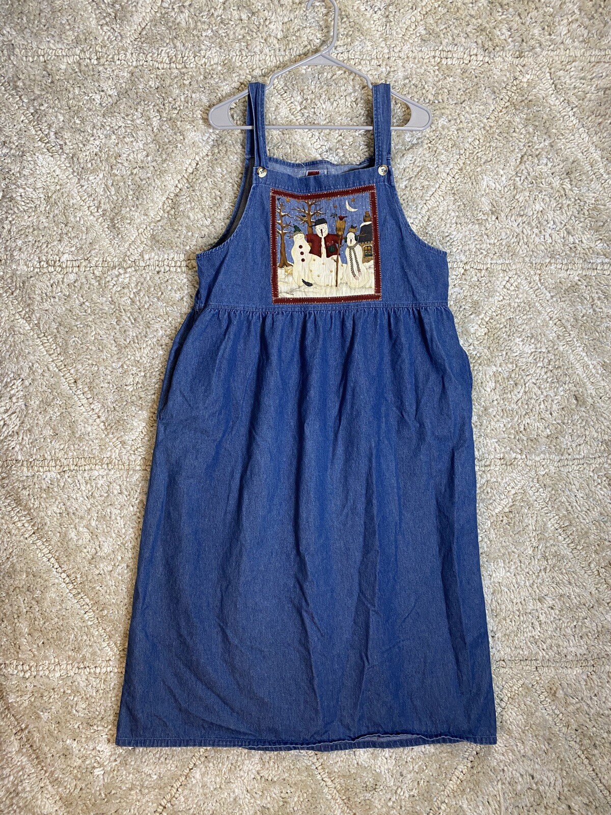 Vintage Sunbelt 100% Cotton Blue Denim Overall Dress Medium Snowman Logo USA