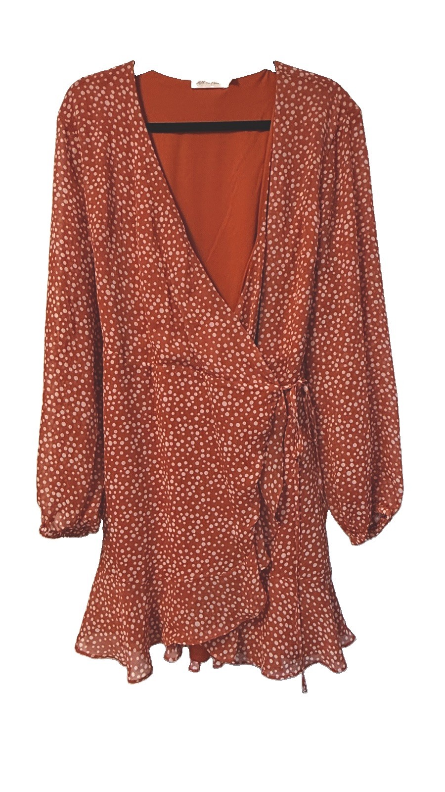 All In Favor Rust Orange Polka Dot Wrap Dress Ruffle Mini V-Neck Dress Size XXL