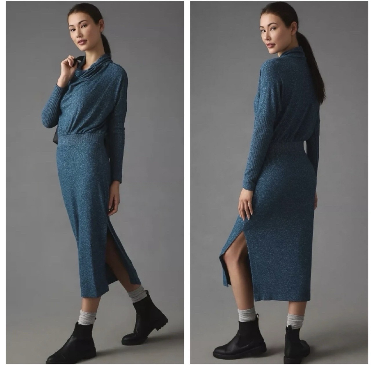 Daily Practice by Anthropologie Blue Heathered Cowl Neck Midi Knit Dress Large