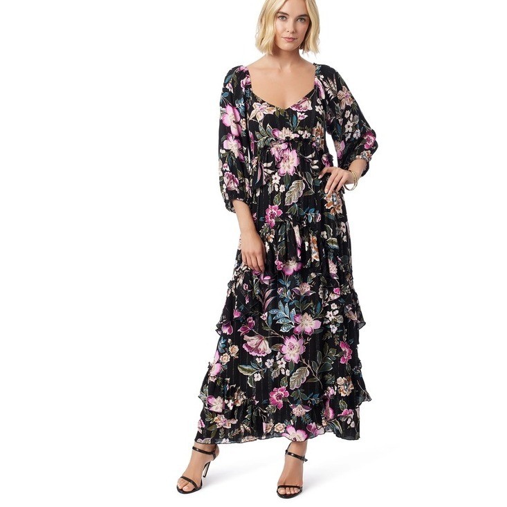 JESSICA SIMPSON Damia Bohemian 3/4-Balloon-Sleeve Orchid Floral Black Maxi Dress