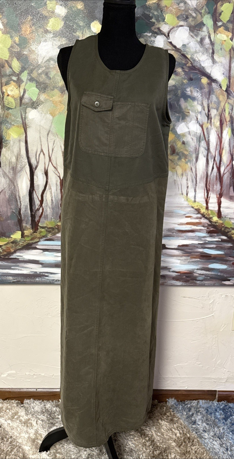 Cottagecore HSZ Studio Womens Small Jumper Dress Olive Brown Corduroy Sleeveless