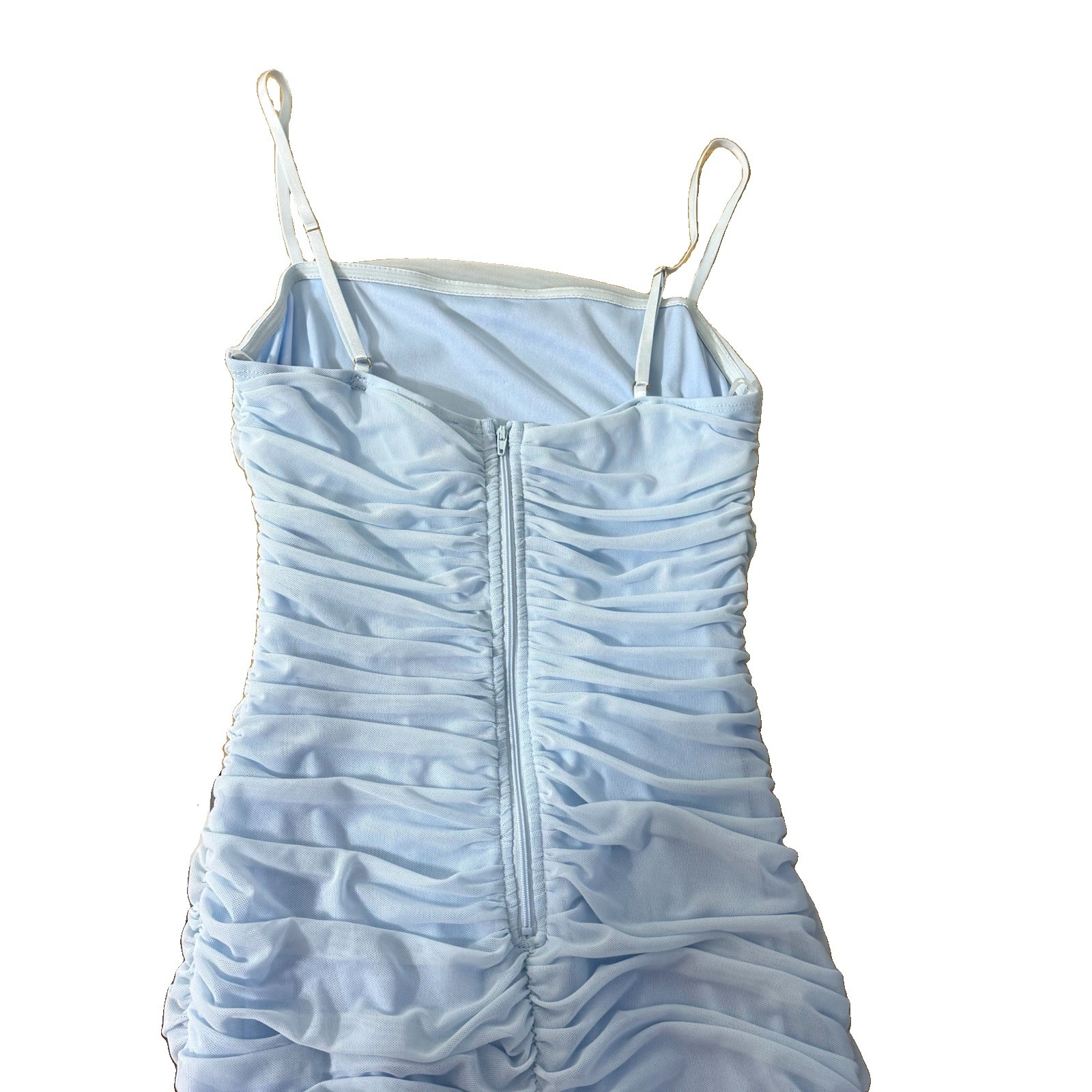 Privy NWT Blue Ruched Mesh Maxi Dress M Bodycon Side Slit Formal Prom Party