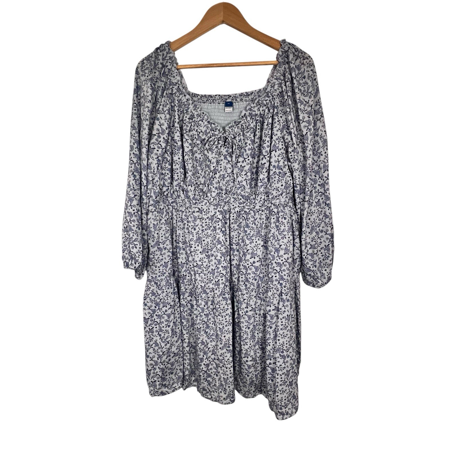Boho Cottagecore Floral Peasant Dress XXL Smocked Babydoll Blue White