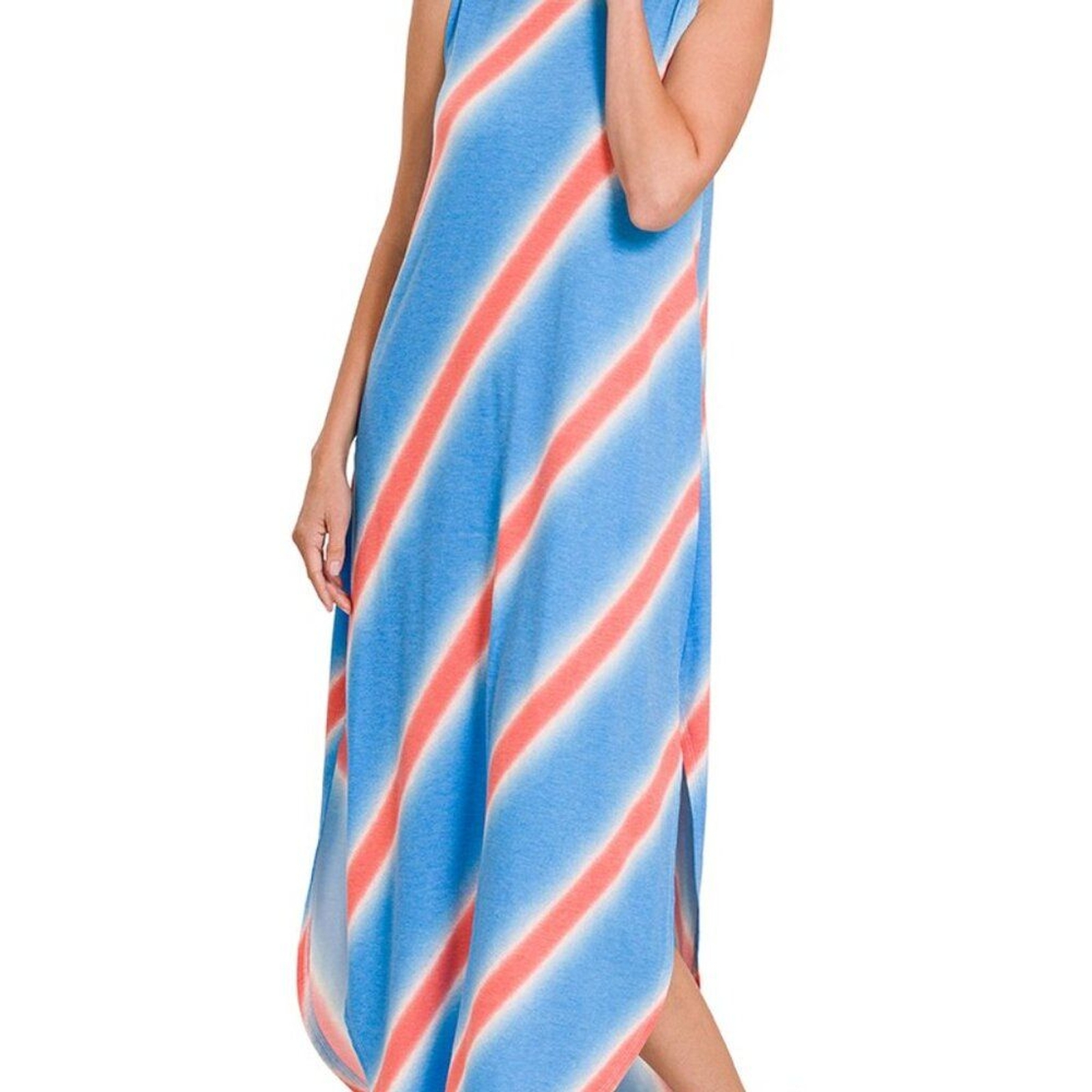 ZENANA Sky Stripped Summer Dress Casual Loose Pockets Sleeveless Split Sides XL