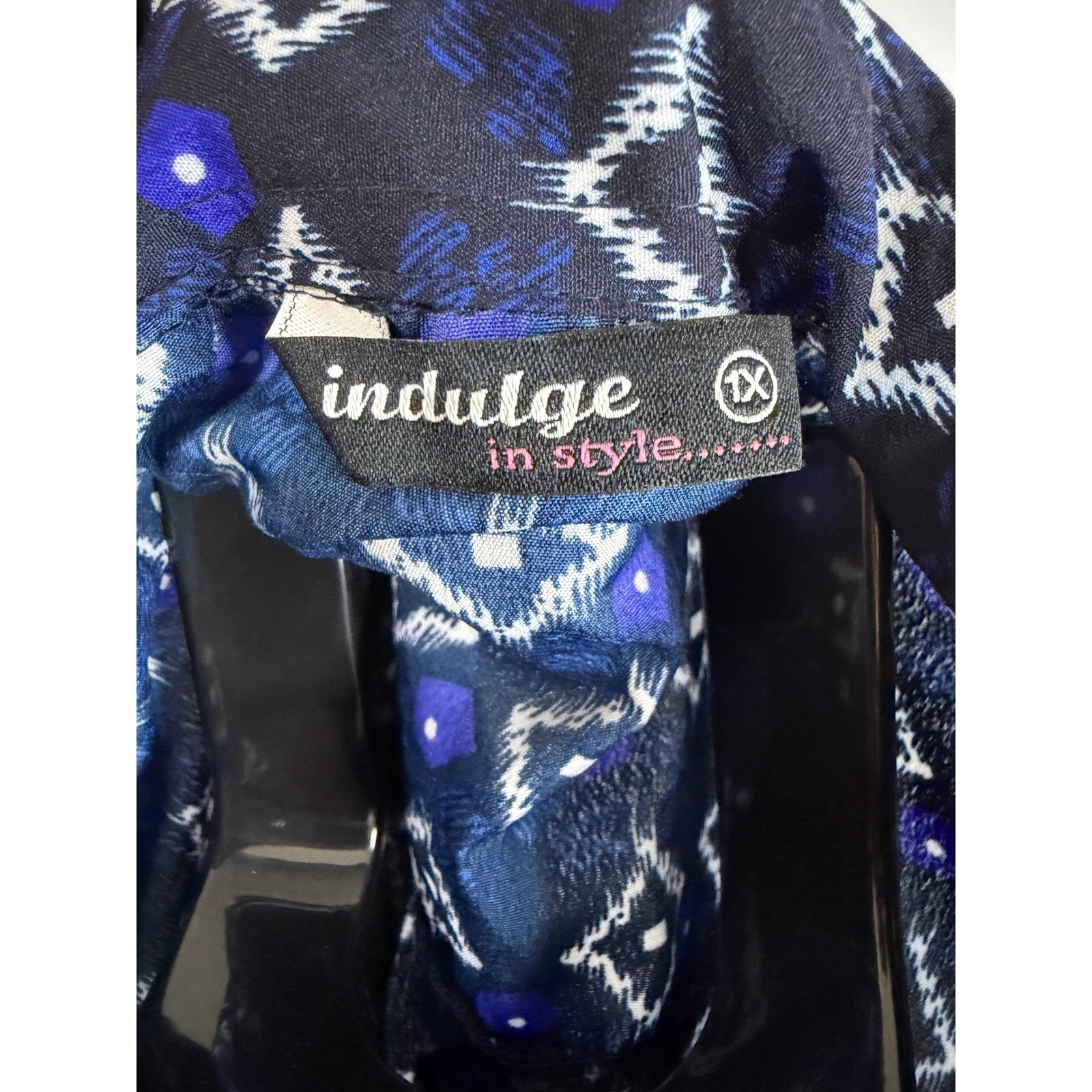 Indulge in Style Wms 1X Blue Ikat Print Button Front Shirt Dress Roll Tab Sleeve