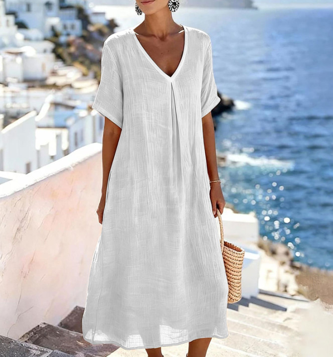 Ladies Solid V Neck Short Sleeve Cotton Linen Long Dress Loose Fit Casual Dress