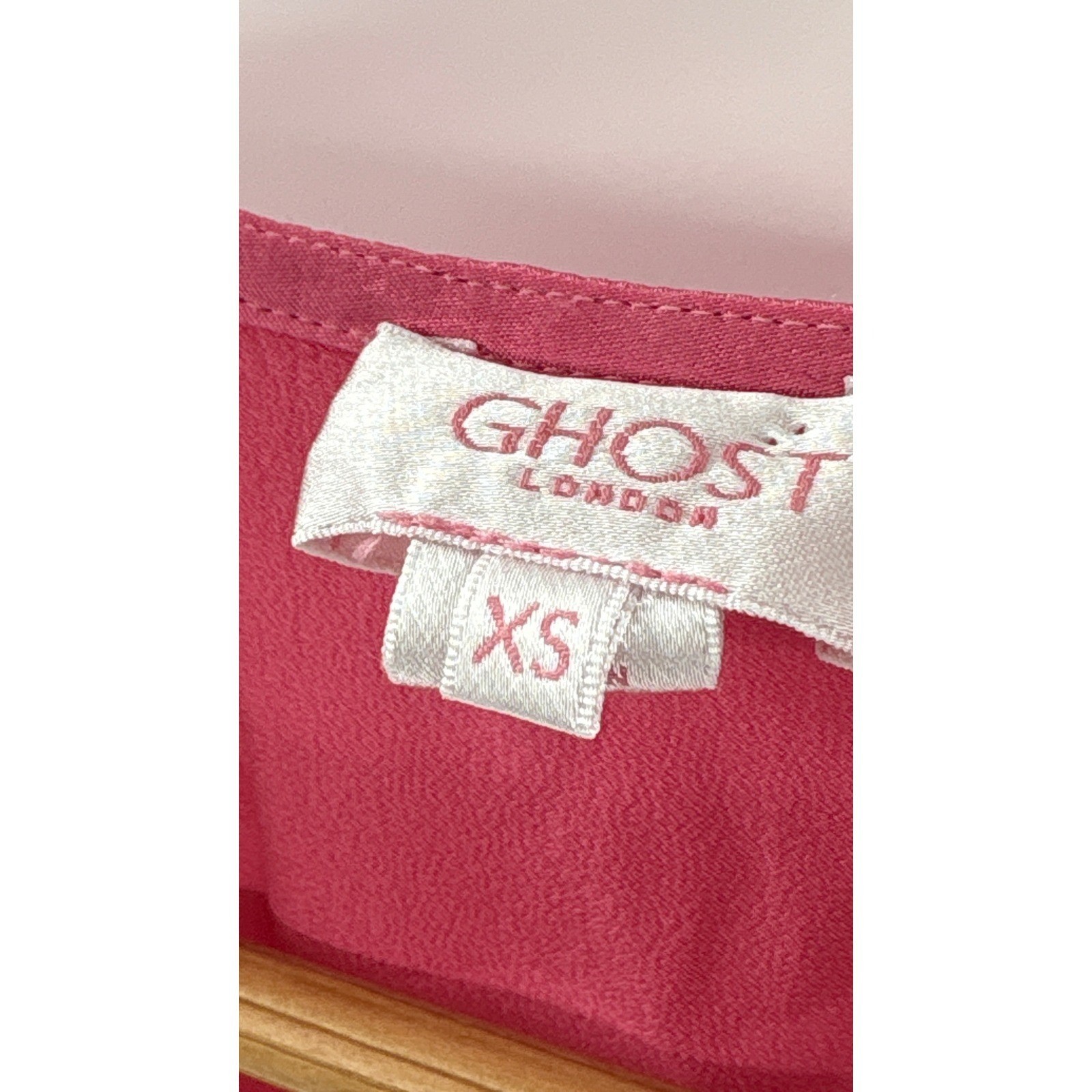 Ghost London Meryl Midi Dress Button Fairycore V Neck Satin XS Pink Long Sleeve